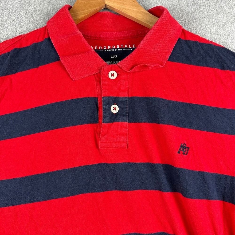 Aeropostale Polo Shirt Mens Large Red Navy Blue Striped Short Sleeve Cotton